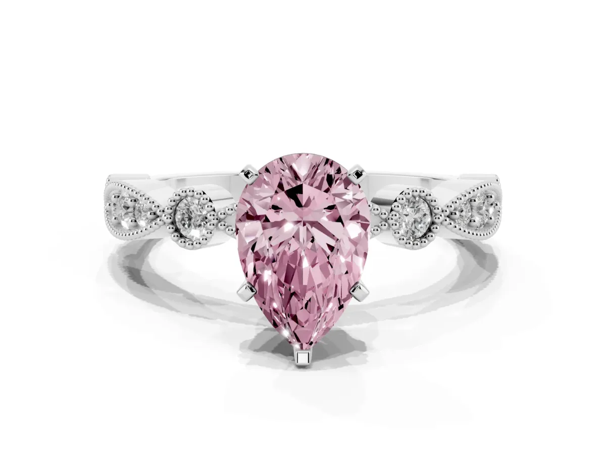 Fancy Pink Pear Cut Milgrain Bezel Diamond Engagement Ring with Solitaire Prong Setting Silver