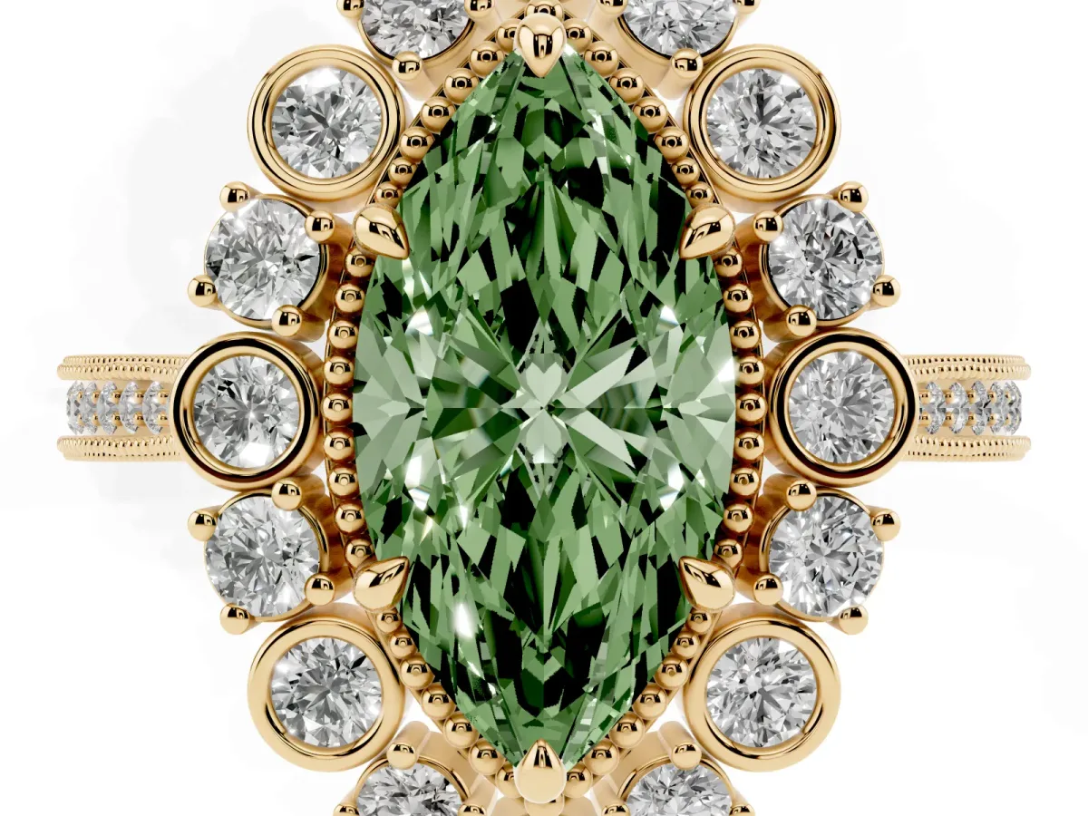 Fancy Green Marquise Cut Halo Milgrain Pave Diamond Ring with Four-Prong Setting Yellow gold