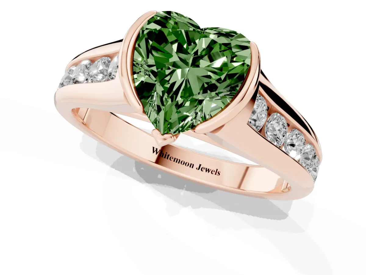 Fancy Green Heart Cut Solitaire Bezel-Set Diamond Ring with Channel-Set Band Rose gold