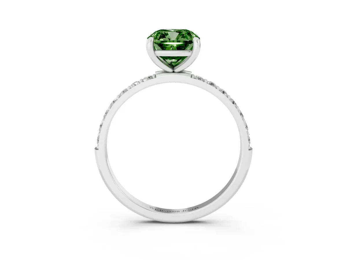 Fancy Green Cushion Cut Diamond Solitaire Ring with Round Pavé Band and Prong Setting Platinum