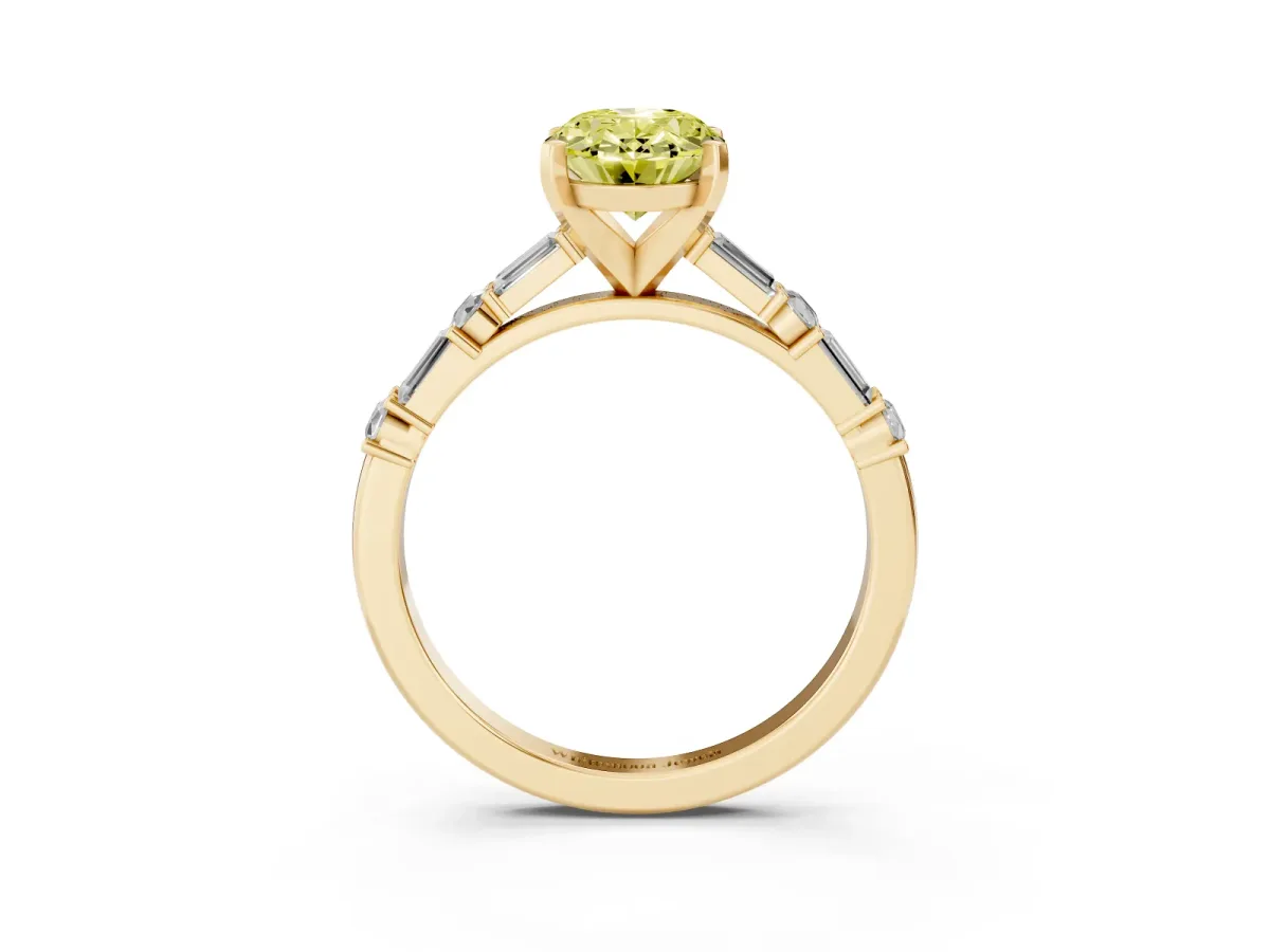 Fancy Yellow Oval Cut Diamond Solitaire with Side Baguettes and Channel Set Band Yellow gold