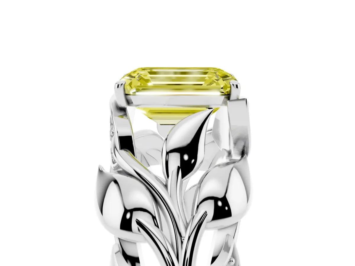 Fancy Yellow Emerald Cut Diamond Leaf-Inspired Engagement Ring with Round Accents and Prong Setting Platinum