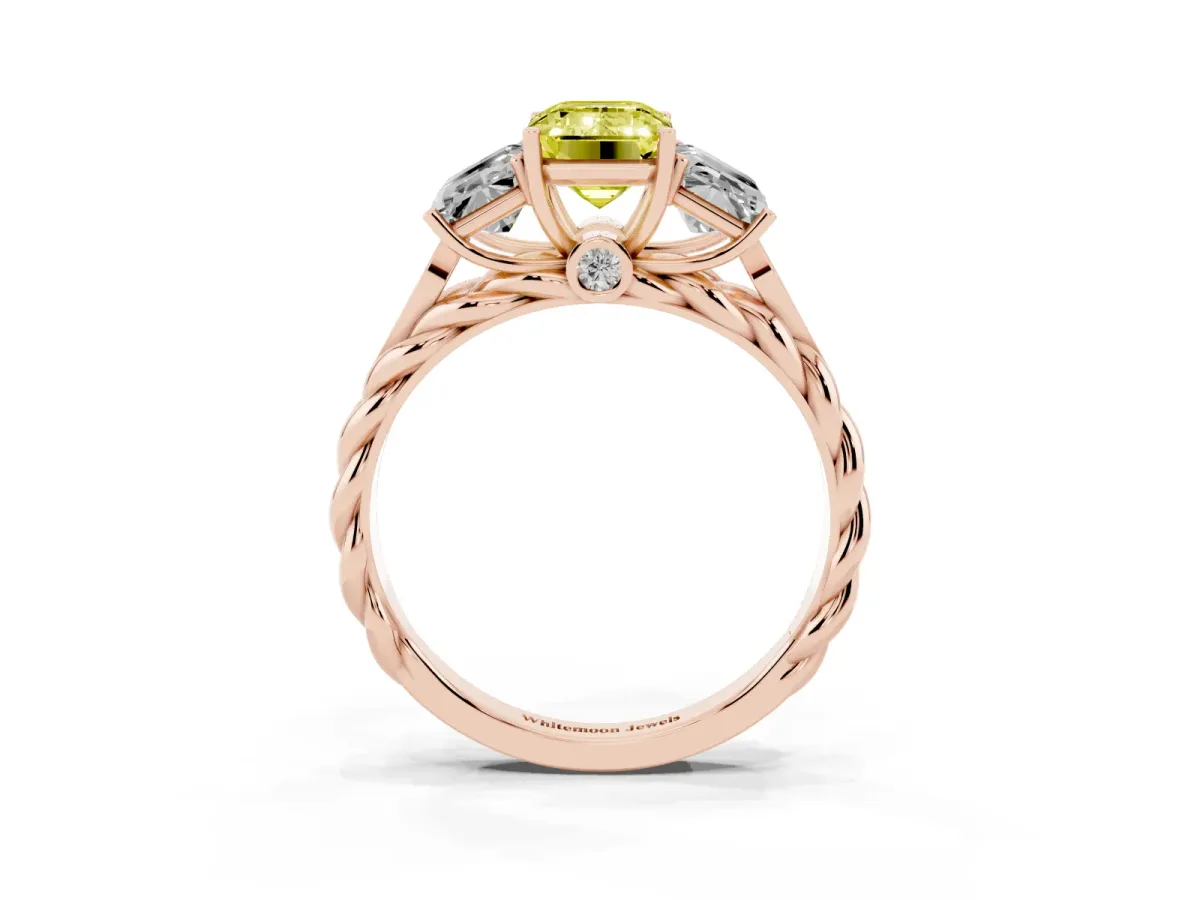 Fancy Yellow Three-Stone Emerald Cut Diamond Braided Band Ring with Four-Prong Setting Rose gold