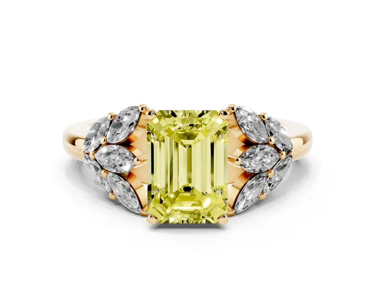 Fancy Yellow Emerald Cut Diamond Cluster Leaf Design Ring with Prong Setting Yellow gold