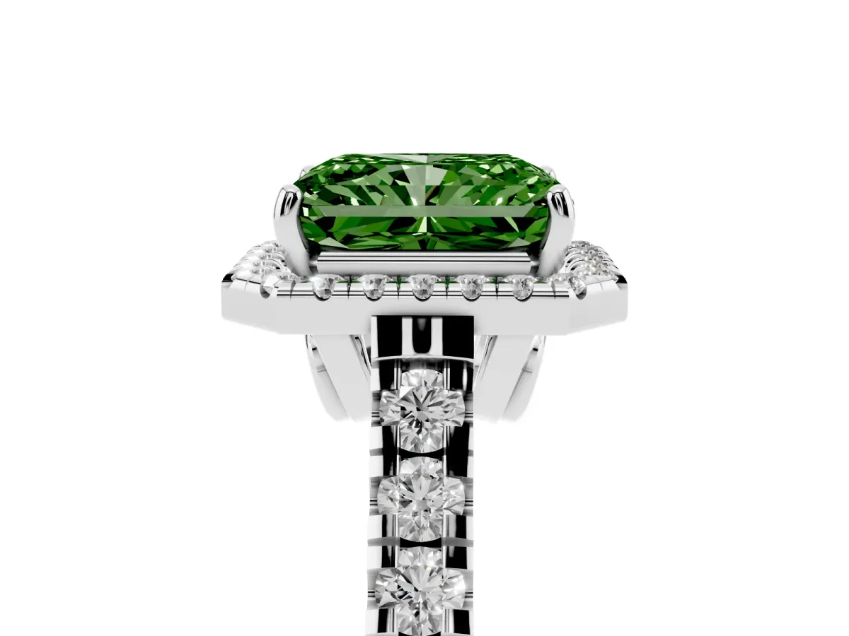 Fancy Green Radiant Cut Halo Pavé Diamond Engagement Ring with Four-Prong Setting Platinum