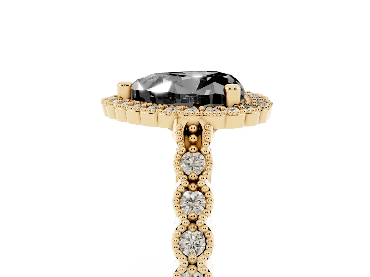 Fancy Black Heart Cut Cut Halo Pavé Solitaire Ring with Milgrain Band Yellow gold