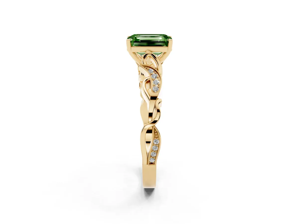 Fancy Green Emerald Cut Solitaire Vine Band with Milgrain Prong Setting Yellow gold