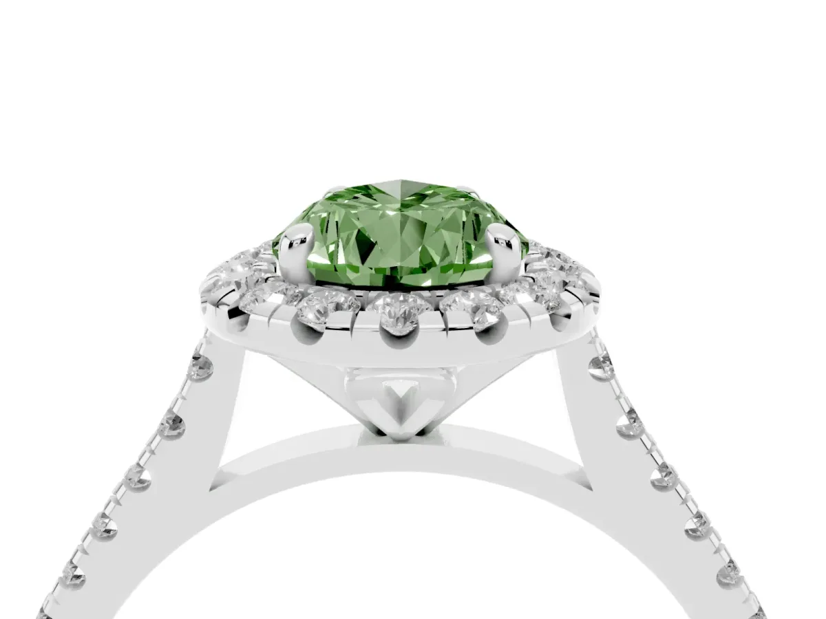 Fancy Green Pear Cut Diamond Cushion Halo Ring with Pavé Band White gold