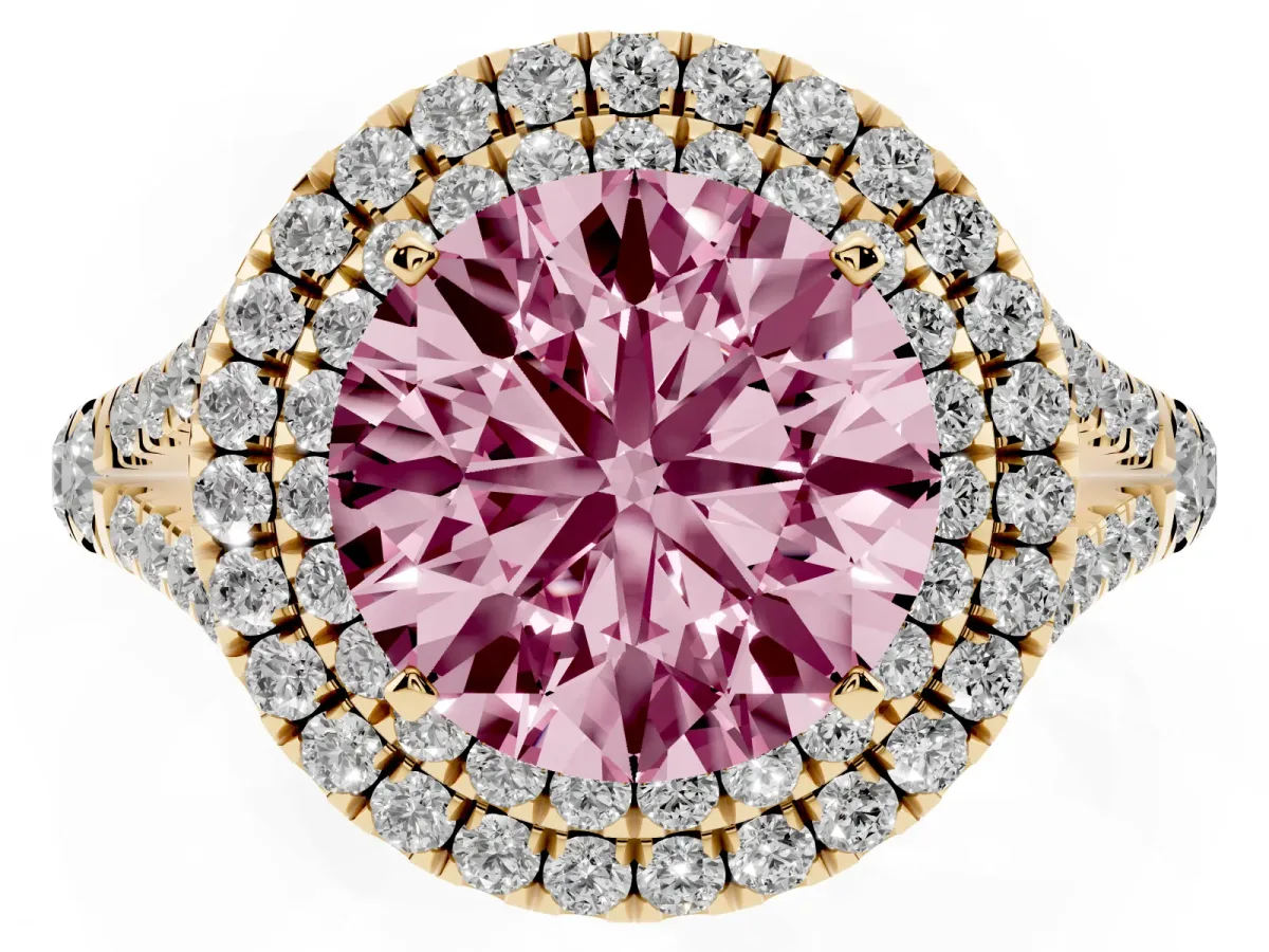 Fancy Pink Double Halo Round Cut Diamond Split Shank Engagement Ring with Four-Prong Setting Yellow gold