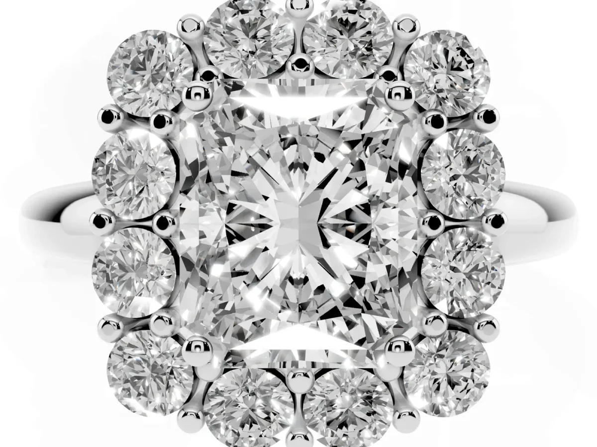 Radiant Cut Halo Cluster Diamond Engagement Ring with Prong Setting and Polished Band White gold