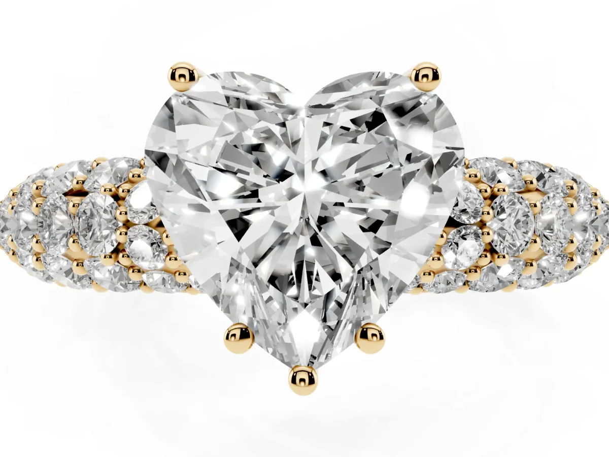 Heart Cut Diamond Pavé Band Solitaire Ring with Four-Prong Setting Yellow gold