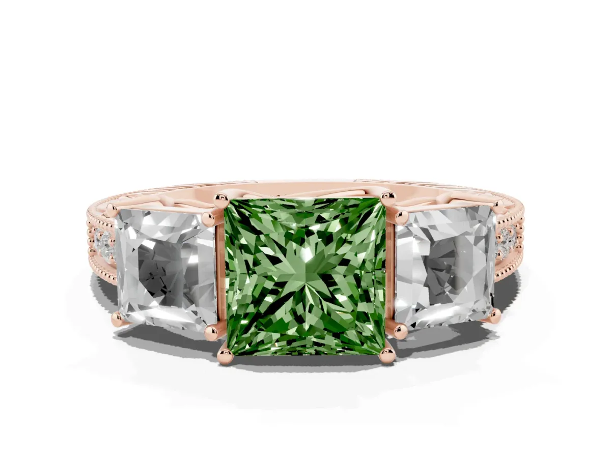 Fancy Green Three-Stone Princess Cut Cut Milgrain Pavé Engagement Ring Rose gold