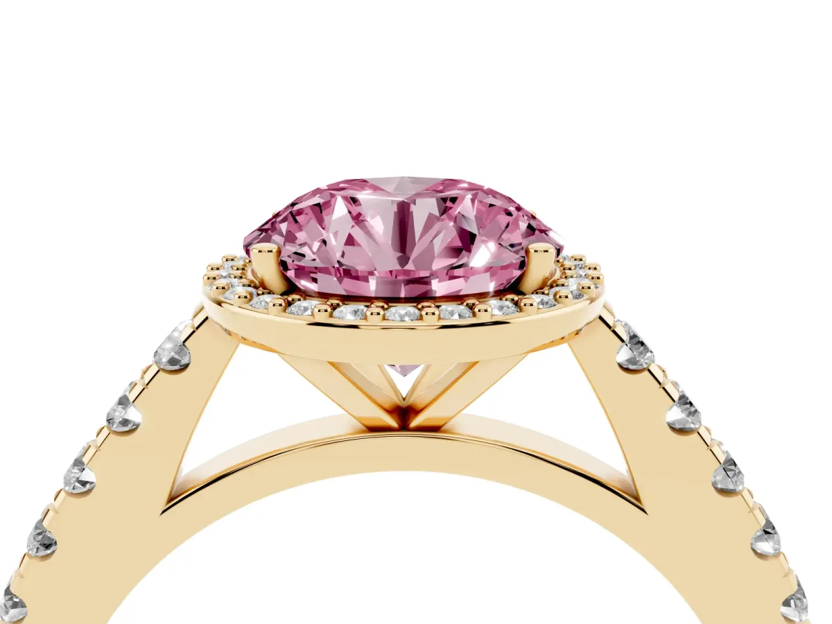 Fancy Pink Round Cut Cut Halo Diamond Engagement Ring with Pave Band and Four-Prong Setting Yellow gold