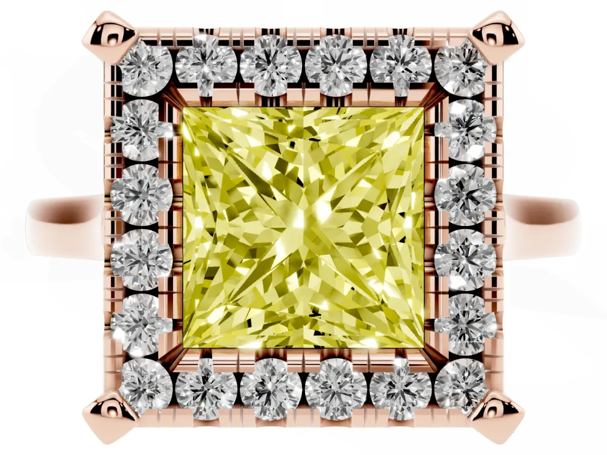 Fancy Yellow Princess Cut Diamond Cluster Halo Solitaire with Four-Prong Setting Rose gold