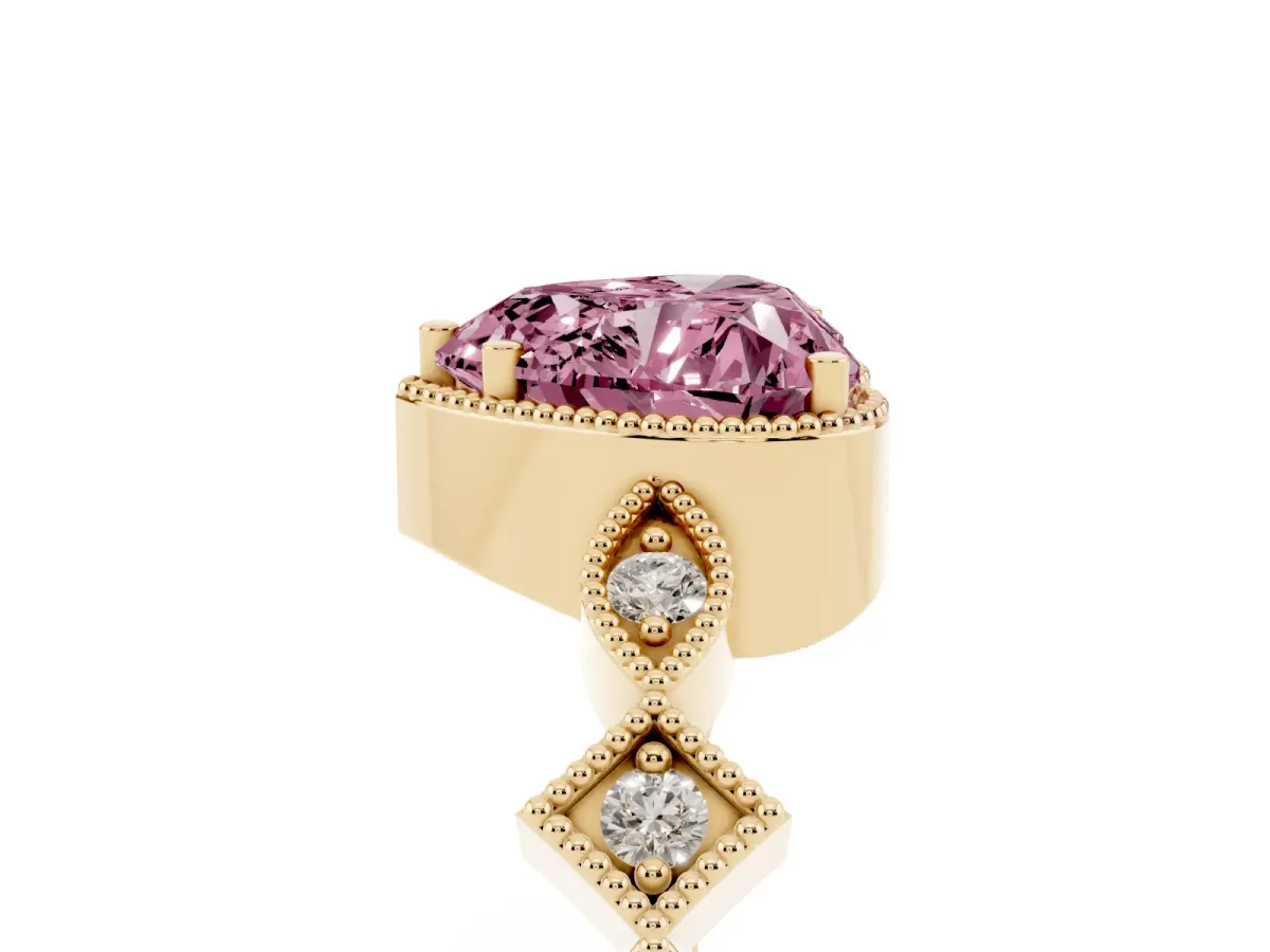 Fancy Pink Heart Cut Milgrain Marquise Diamond Twist Band Ring Yellow gold