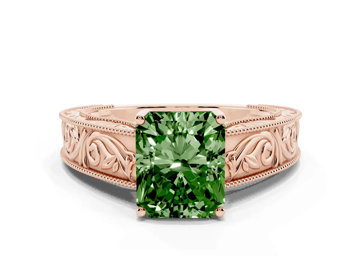 Fancy Green Radiant Cut Diamond Solitaire Ring with Engraved Band and Four-Prong Setting Rose gold