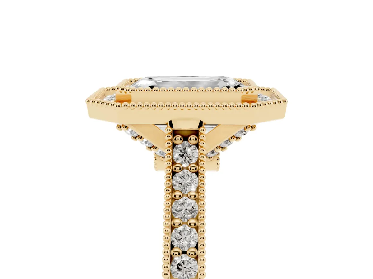 Halo Emerald Cut-Cut Diamond Pave Band Milgrain Prong Setting Ring Yellow gold