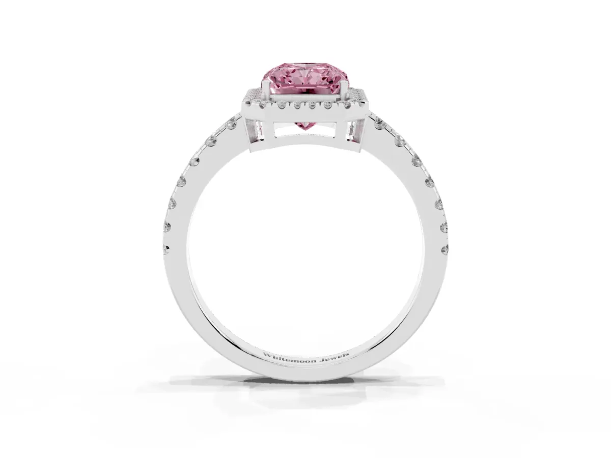 Fancy Pink Radiant Cut Diamond Halo Ring with Pavé Band and Four-Prong Setting White gold