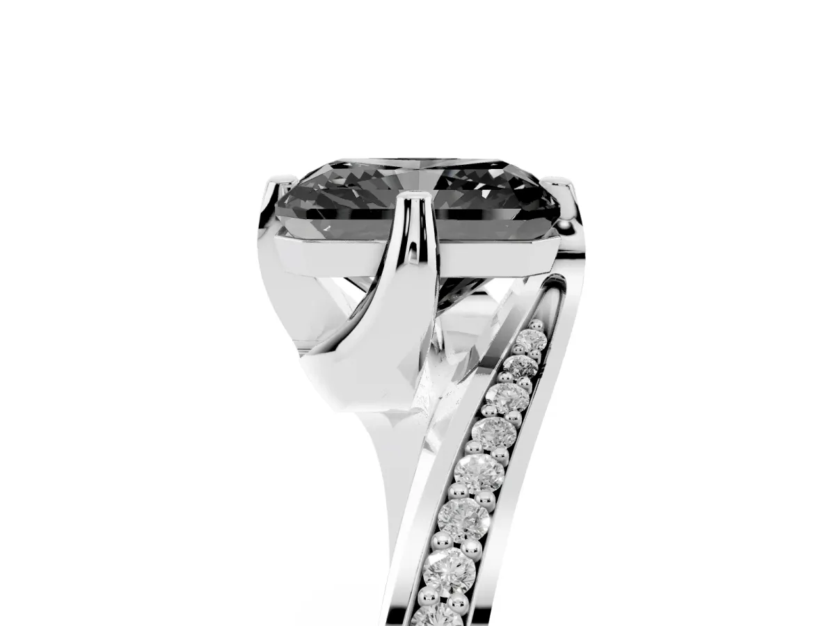 Fancy Black Radiant Cut Solitaire Diamond Twist Band with Pavé Setting and Four-Prong Setting Silver