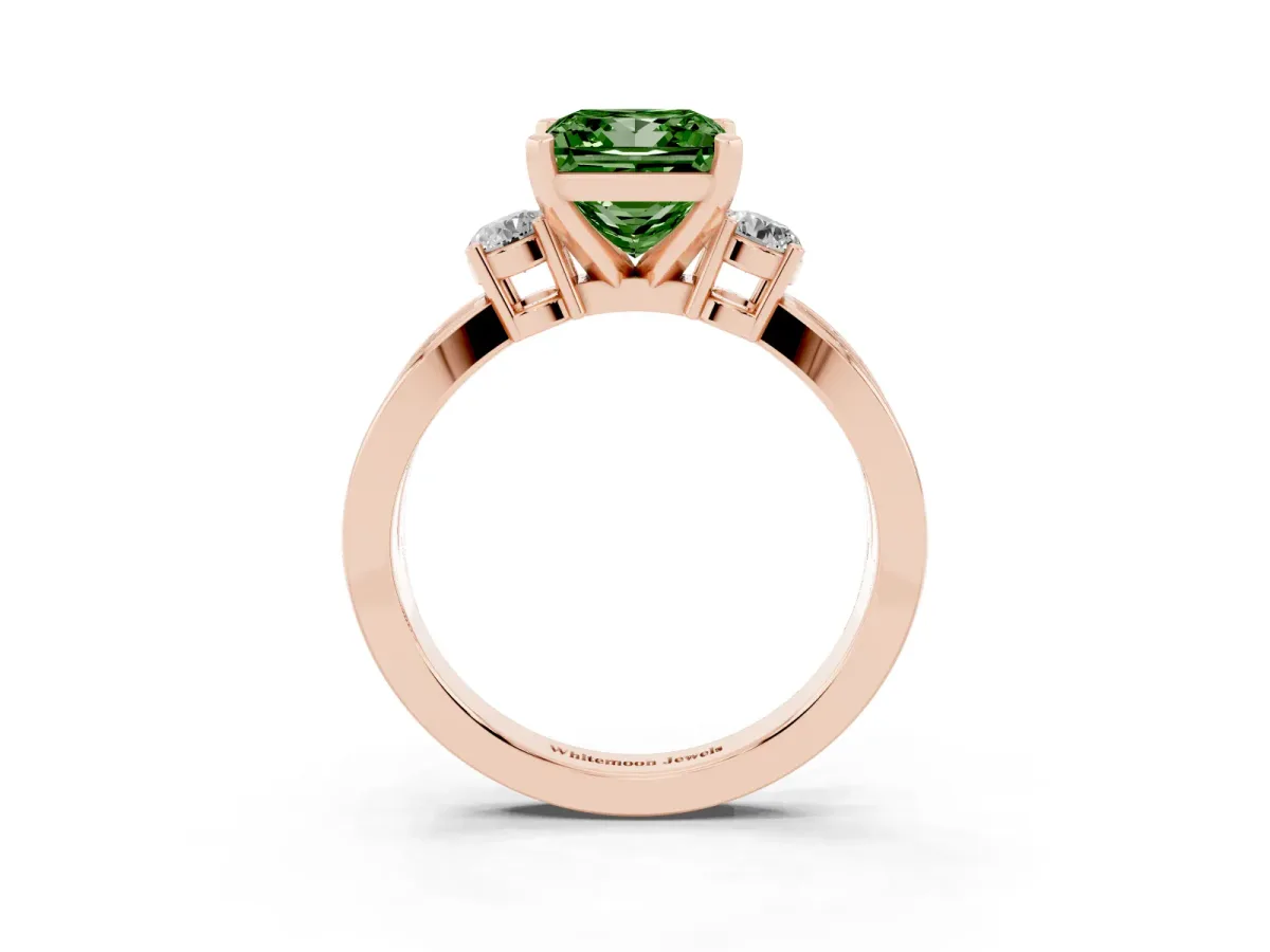 Fancy Green Three-Stone Princess Cut Cut Diamond Twist Band with Prong Setting Rose gold