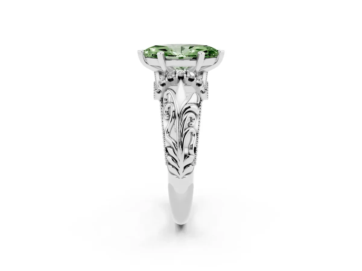 Fancy Green Marquise Cut Solitaire Filigree Engagement Ring with Halo and Prong Setting Silver