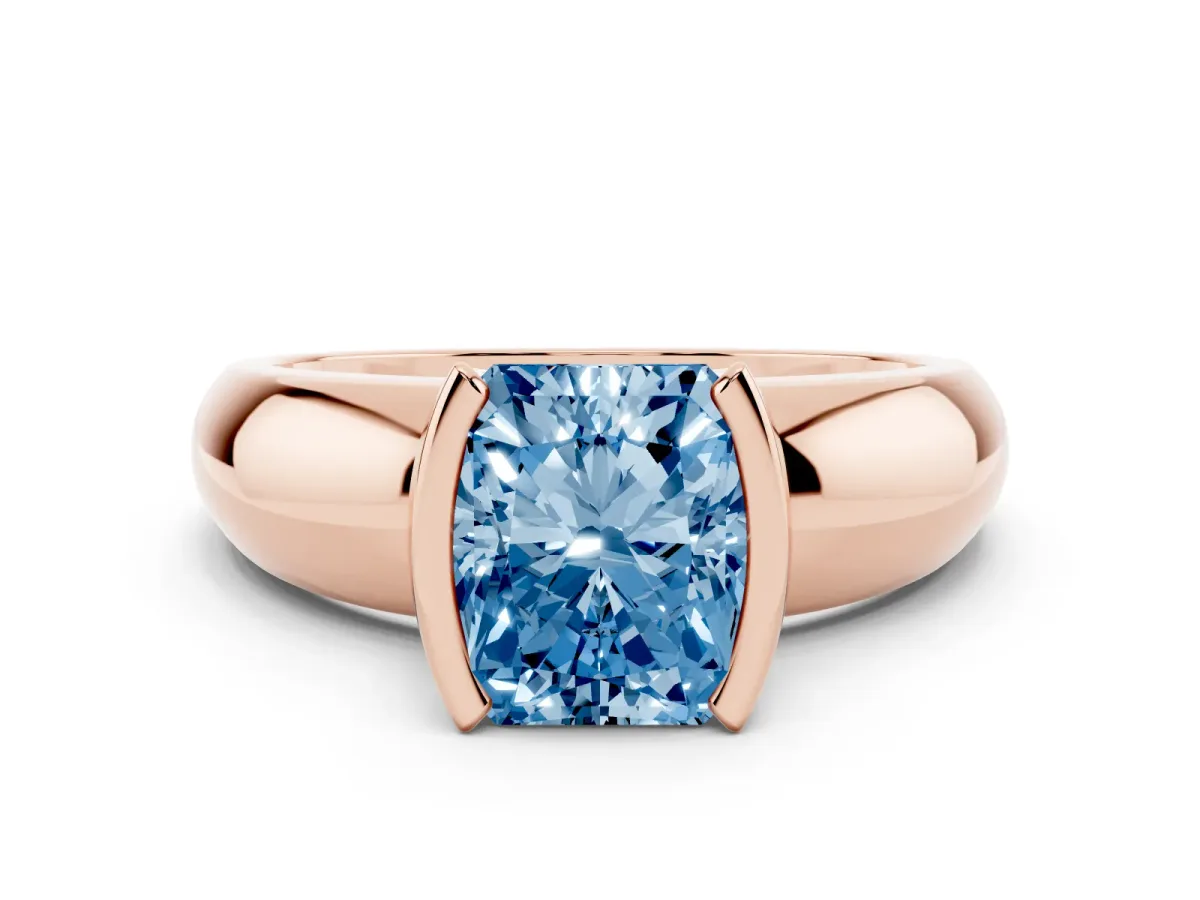 Fancy Blue Radiant Cut Solitaire Tension Set Diamond Ring with Wide Band Rose gold