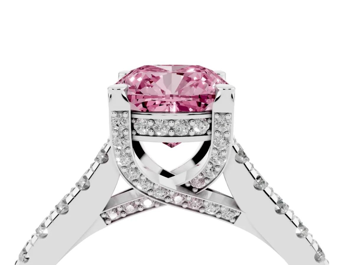 Fancy Pink Cushion Cut Brilliant Diamond Solitaire with Pavé Band and Four-Prong Setting White gold