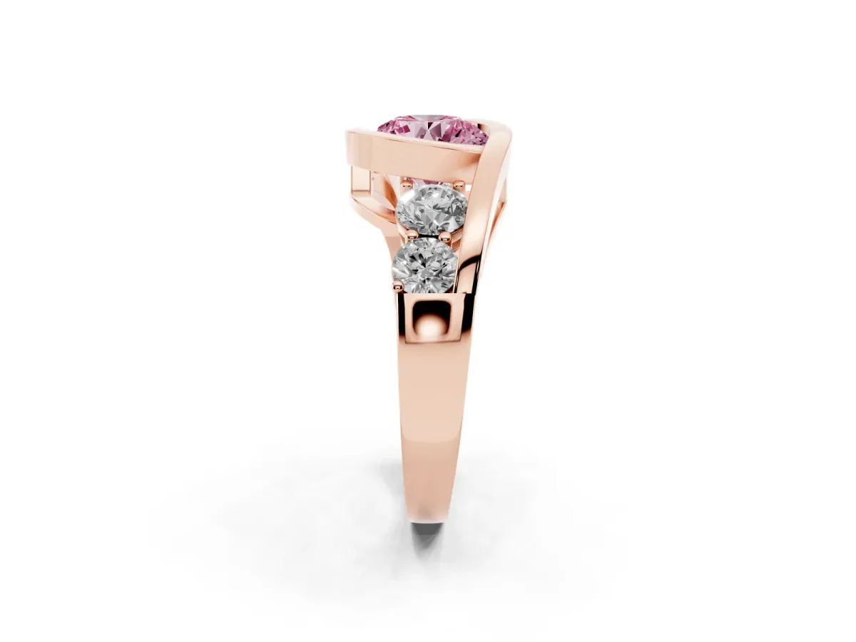 Fancy Pink Bezel Set Round Cut Diamond Bypass Ring with Round Accents Rose gold
