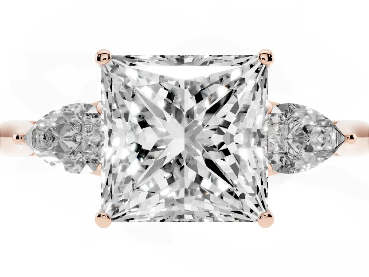 Three-Stone Princess Cut Brilliant Diamond Solitaire Ring with Tapered Band and Four-Prong Setting Rose gold