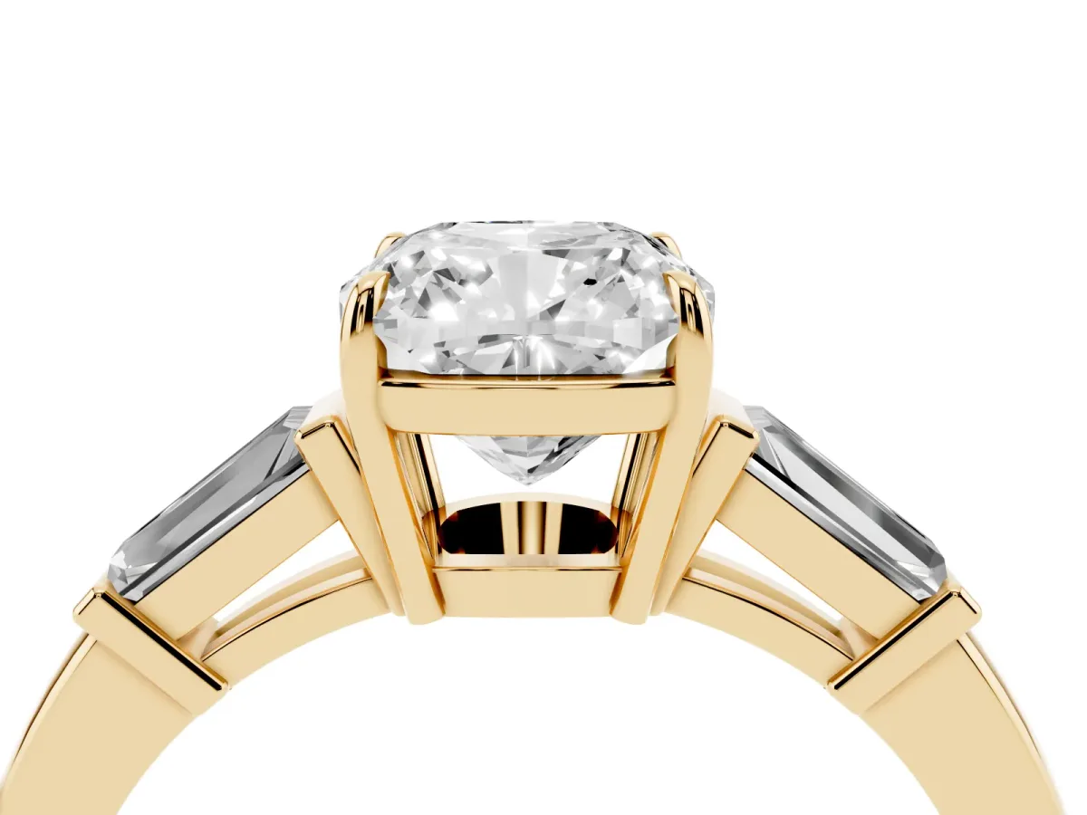Cushion Cut Diamond Three-Stone Ring with Tapered Baguette Side Stones and Prong Setting Yellow gold