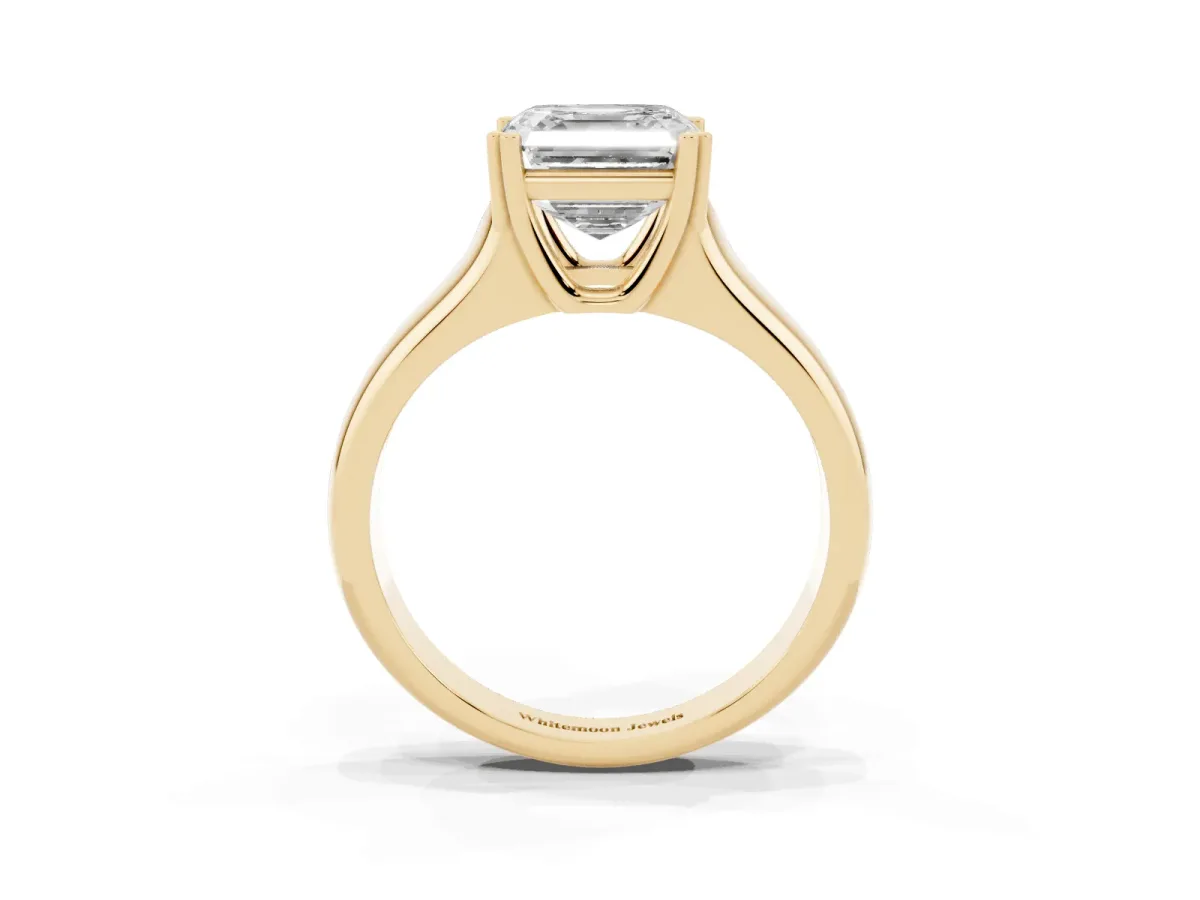 Asscher Cut Diamond Solitaire Ring with Wide Band and Prong Setting Yellow gold