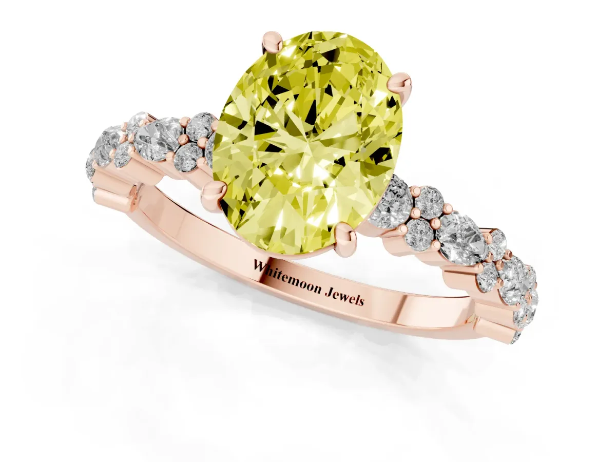 Fancy Yellow Oval Cut Diamond Side Stone Solitaire Ring with Round and Four-Prong Setting Rose gold