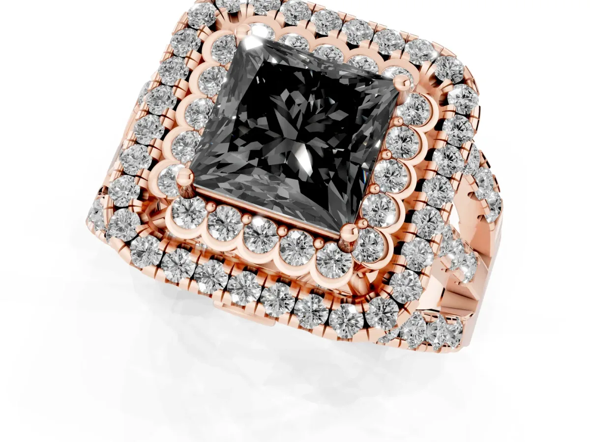 Fancy Black Princess Cut Diamond Double Halo Ring with Round Pavé Split Shank and Prong Setting Rose gold