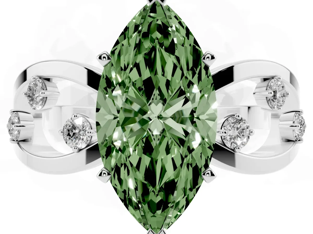 Fancy Green Marquise Cut Cut Solitaire Diamond with Side Stones on Criss-Cross Band and Four-Prong Setting Silver