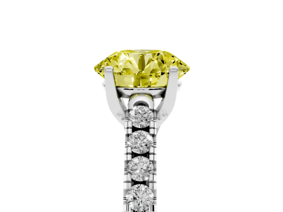 Fancy Yellow Round Cut Diamond Pavé Band Solitaire Ring with Prong Setting Silver