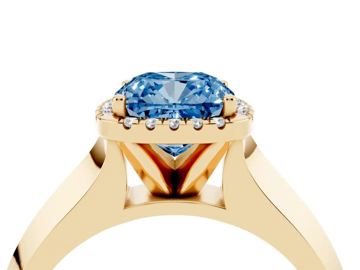 Fancy Blue Cushion Cut Halo Diamond Ring with Cathedral Band and Four-Prong Setting Yellow gold