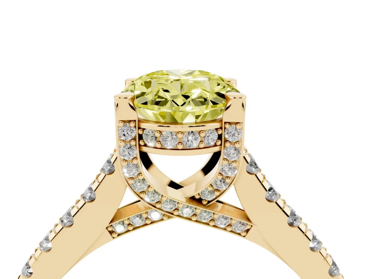 Fancy Yellow Oval Cut Brilliant Diamond Solitaire with Pavé Band and Four-Prong Setting Yellow gold