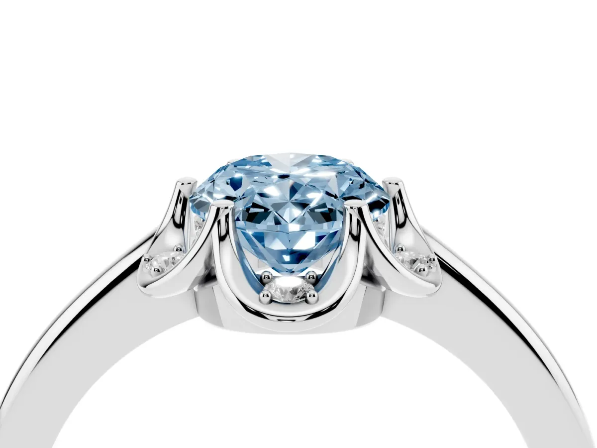 Fancy Blue Oval Cut Halo Diamond Ring with Round Cluster Setting, Solitaire Band, and Four-Prong Setting Silver