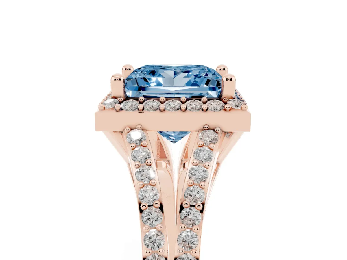 Fancy Blue Princess Cut Halo Split Shank Diamond Ring with Prong Setting Rose gold