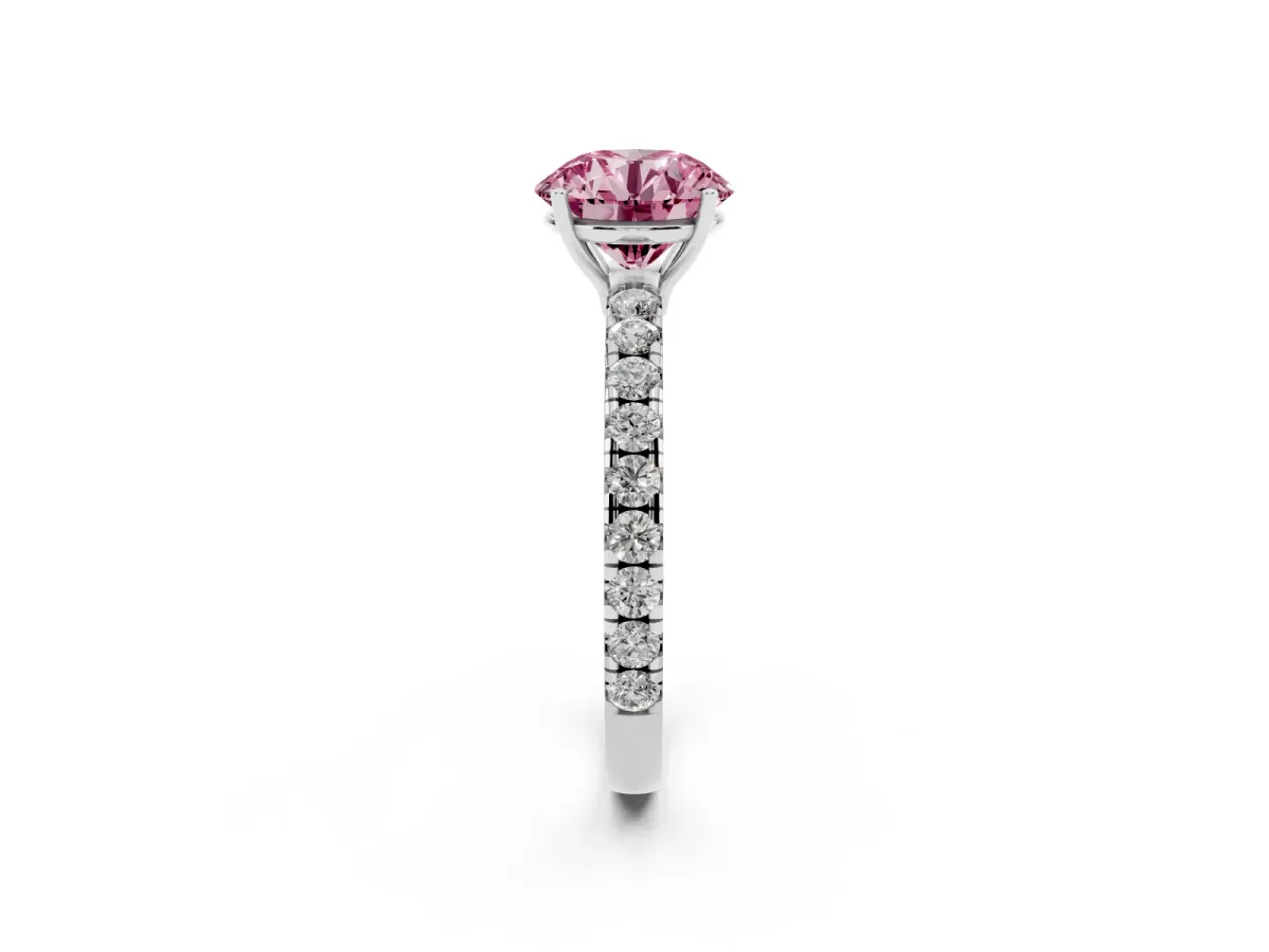 Fancy Pink Round Cut Diamond Pavé Solitaire Engagement Ring with Four-Prong Setting Platinum