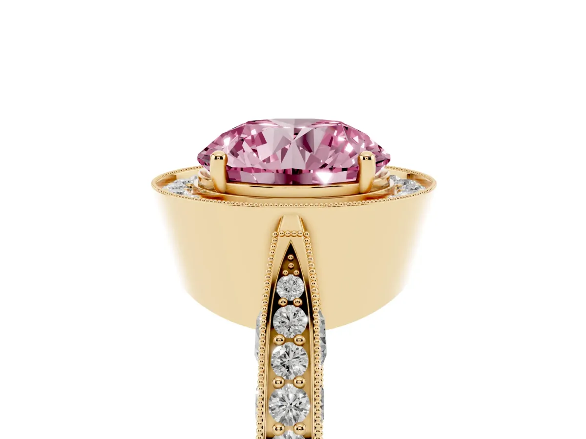 Fancy Pink Round Cut Halo Diamond Engagement Ring with Split Shank Band and Four-Prong Setting Yellow gold
