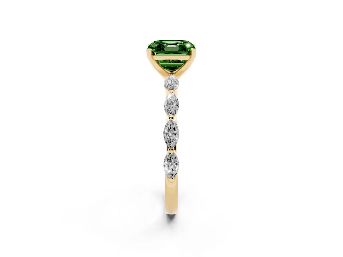 Fancy Green Asscher Cut Diamond Ring with Marquise Side Stones and Prong Setting Yellow gold