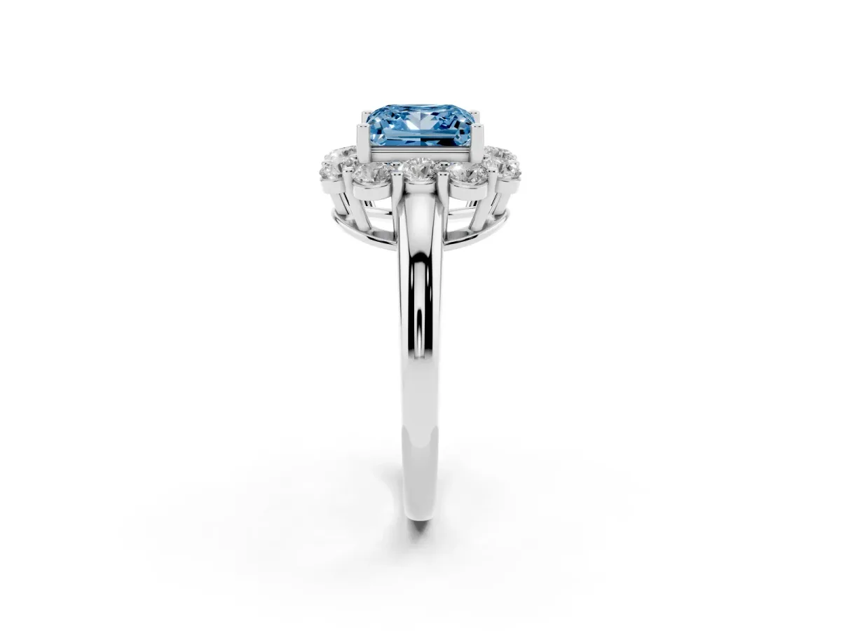 Fancy Blue Princess Cut Halo Milgrain Solitaire with Bezel Set Side Stones and Pave Band Platinum