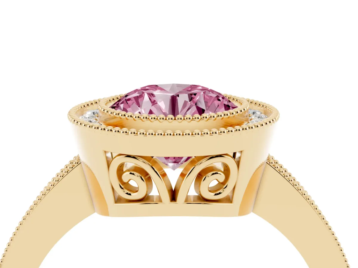 Fancy Pink Round Cut Cut Halo Diamond Ring with Pavé Band and Milgrain Prong Setting Yellow gold