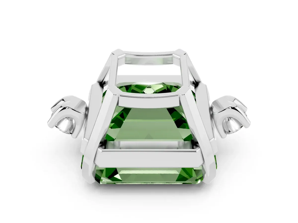 Fancy Green Asscher Cut Cut Three-Stone Solitaire Ring with Round Accent Diamonds and Four-Prong Setting Silver