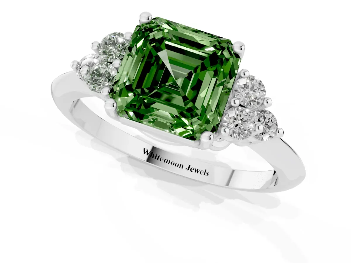 Fancy Green Asscher Cut Cut Diamond Cluster Ring with Solitaire Band and Four-Prong Setting Silver