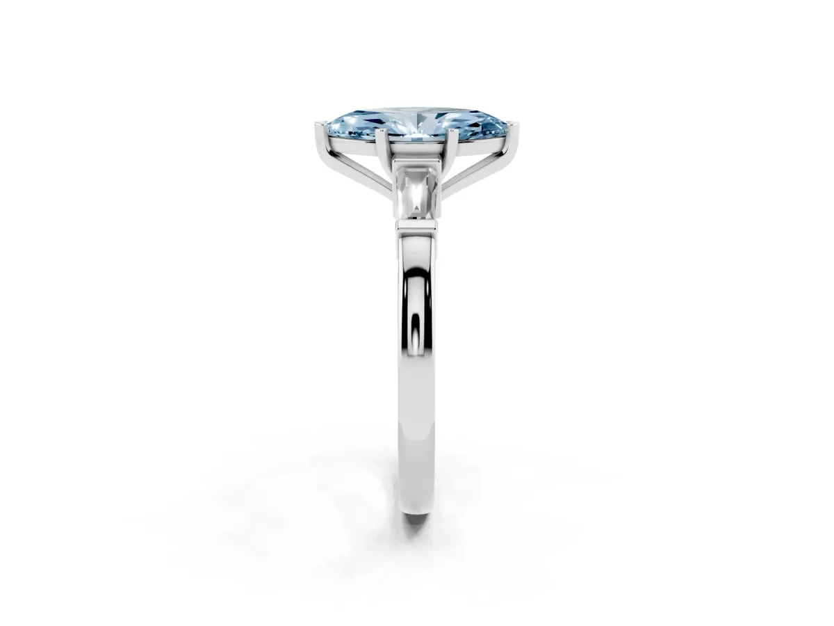 Fancy Blue Marquise Cut Cut Diamond Solitaire Ring with Tapered Baguette Accents and Four-Prong Setting Silver