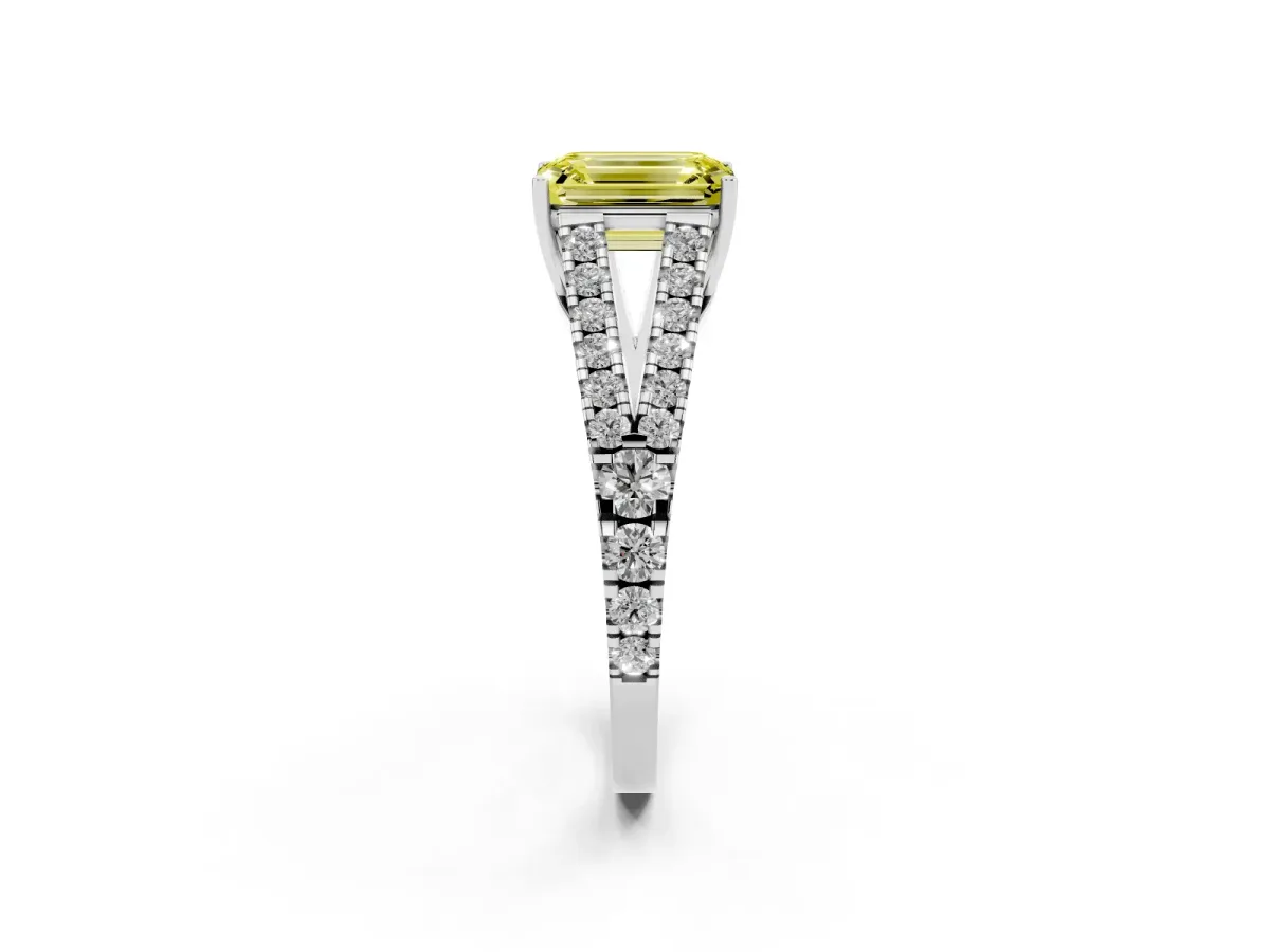 Fancy Yellow Emerald Cut Diamond Split Shank Pavé Engagement Ring with Four-Prong Setting White gold