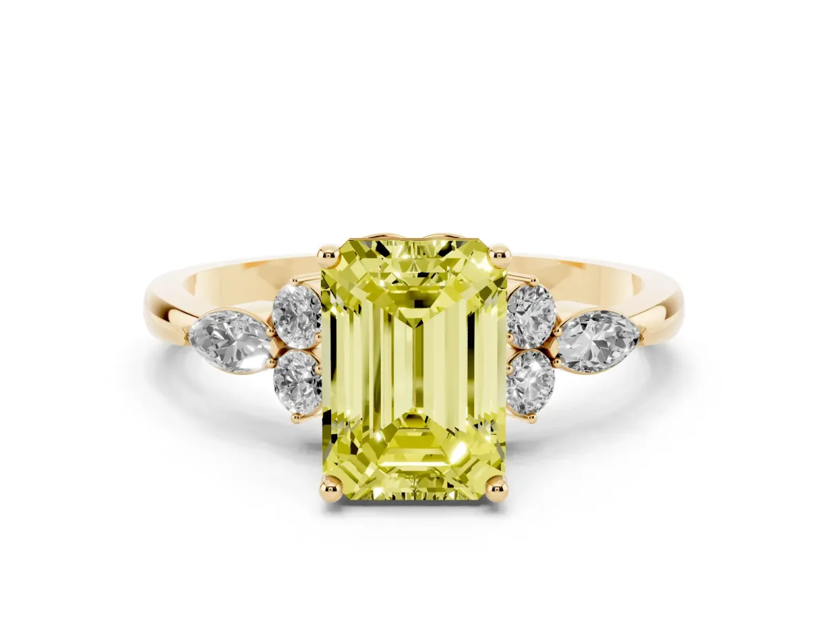 Fancy Yellow Emerald Cut Brilliant Diamond Solitaire Ring with Pear Side Stones and Four-Prong Setting Yellow gold