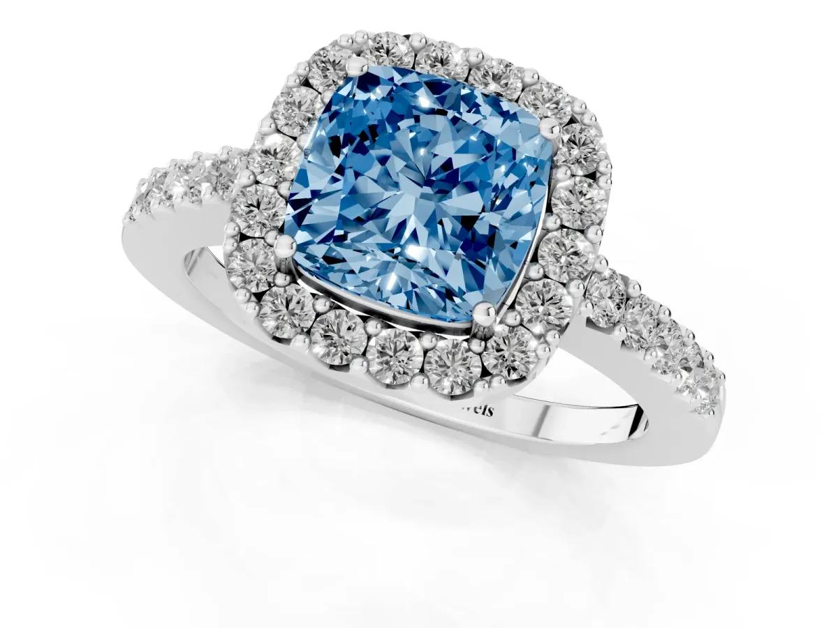 Fancy Blue Cushion Cut Halo Diamond Pavé Solitaire Ring Platinum